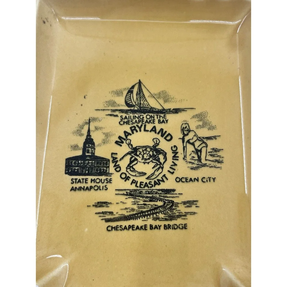 Vintage Maryland State Souvenir Trinket Tray Ashtray Ceramic Wall Decor Yellow